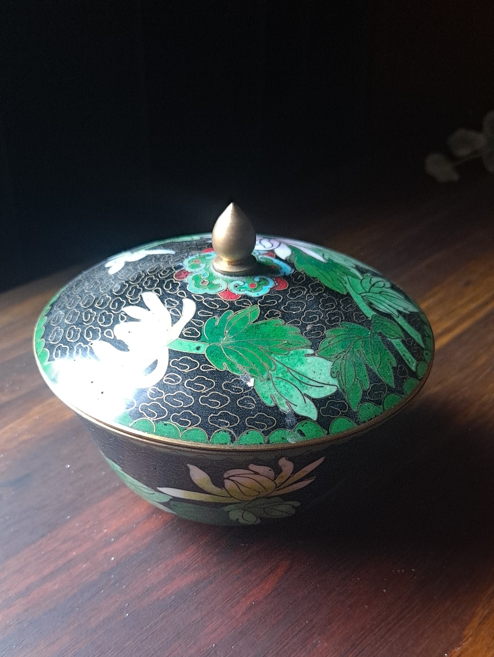Handcrafted Floral Cloisonné Trinket Box - Green and Black